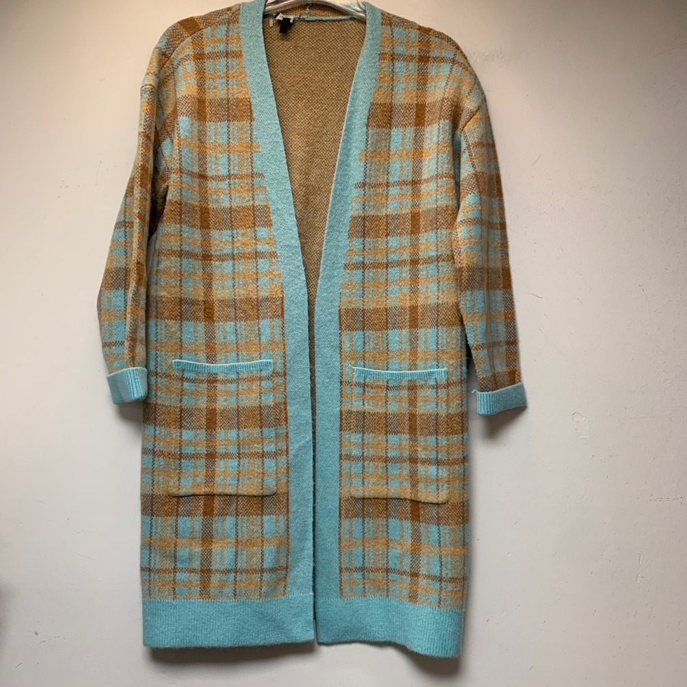 Talbots Cardigan Womens S Blue Tan Plaid Open Front Longline Pockets Excellent